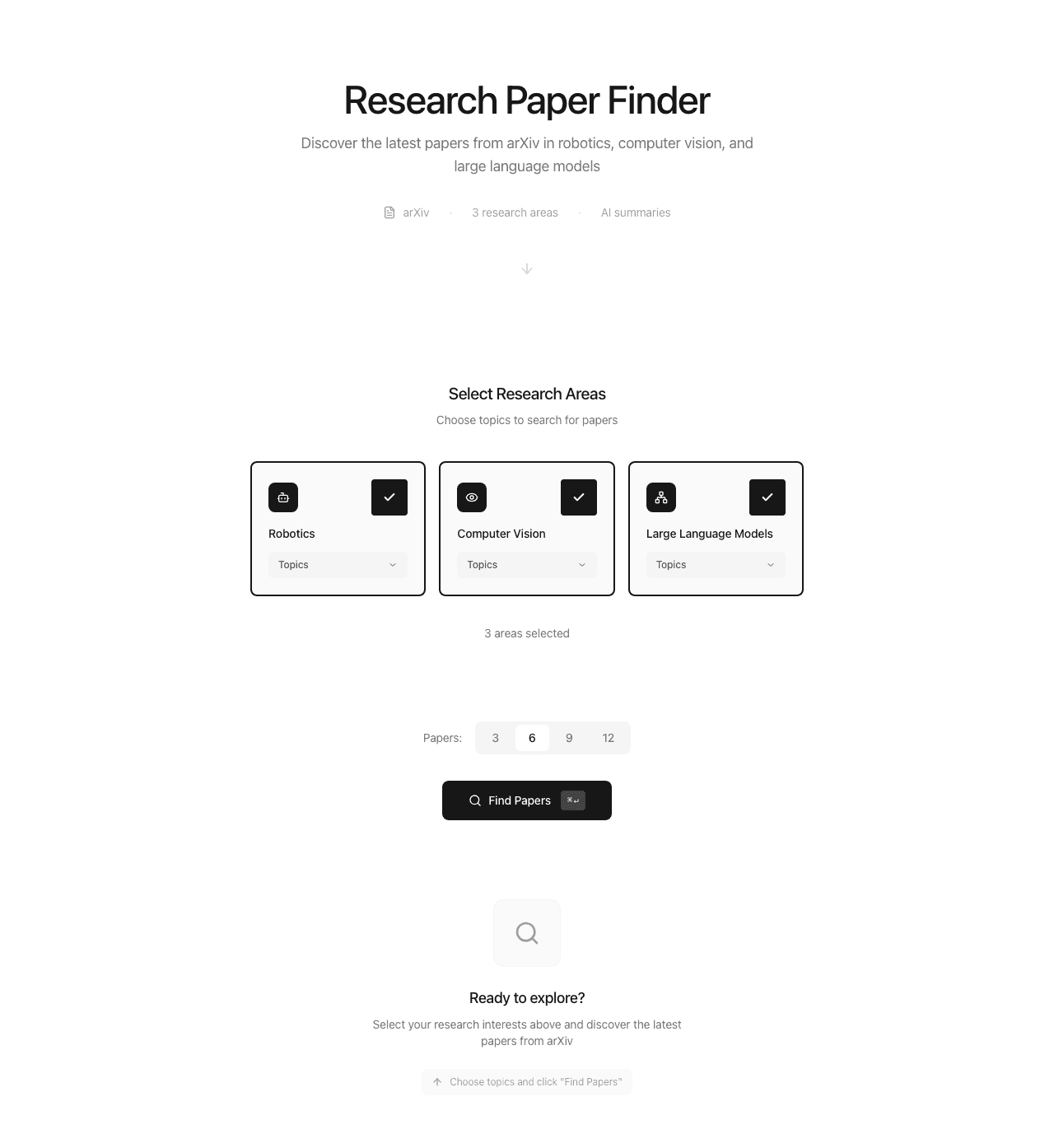 AI Research Gather home screen with robotics, computer vision, and large language model research areas