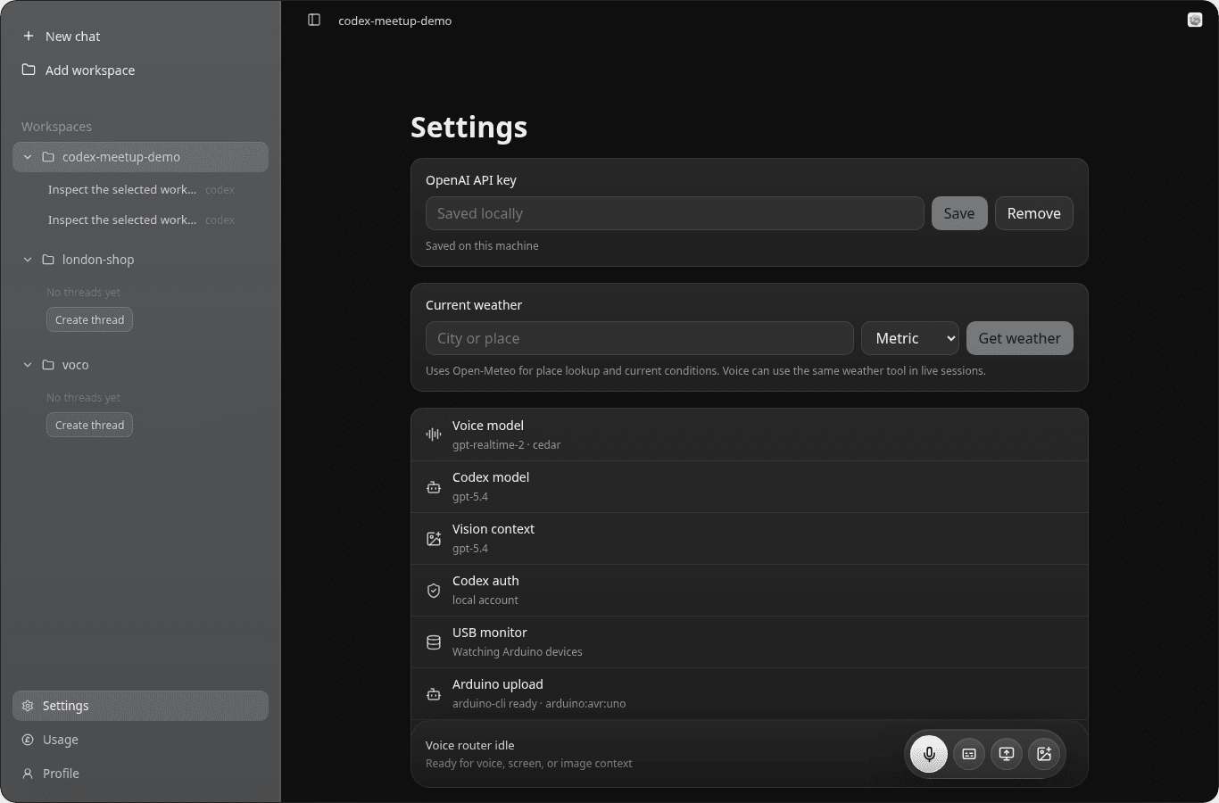 Codex Realtime Linux settings screen with voice, Codex, vision, USB, and Arduino controls