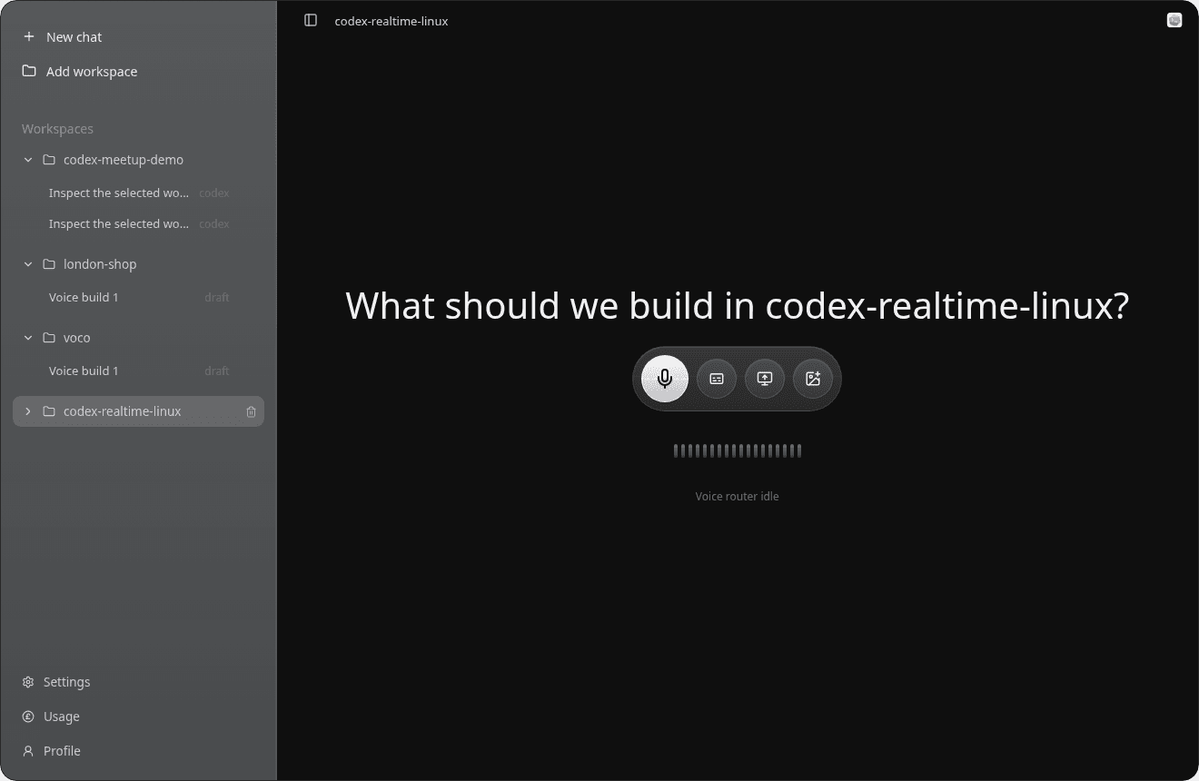 Codex Realtime Linux desktop app showing a voice-first workspace