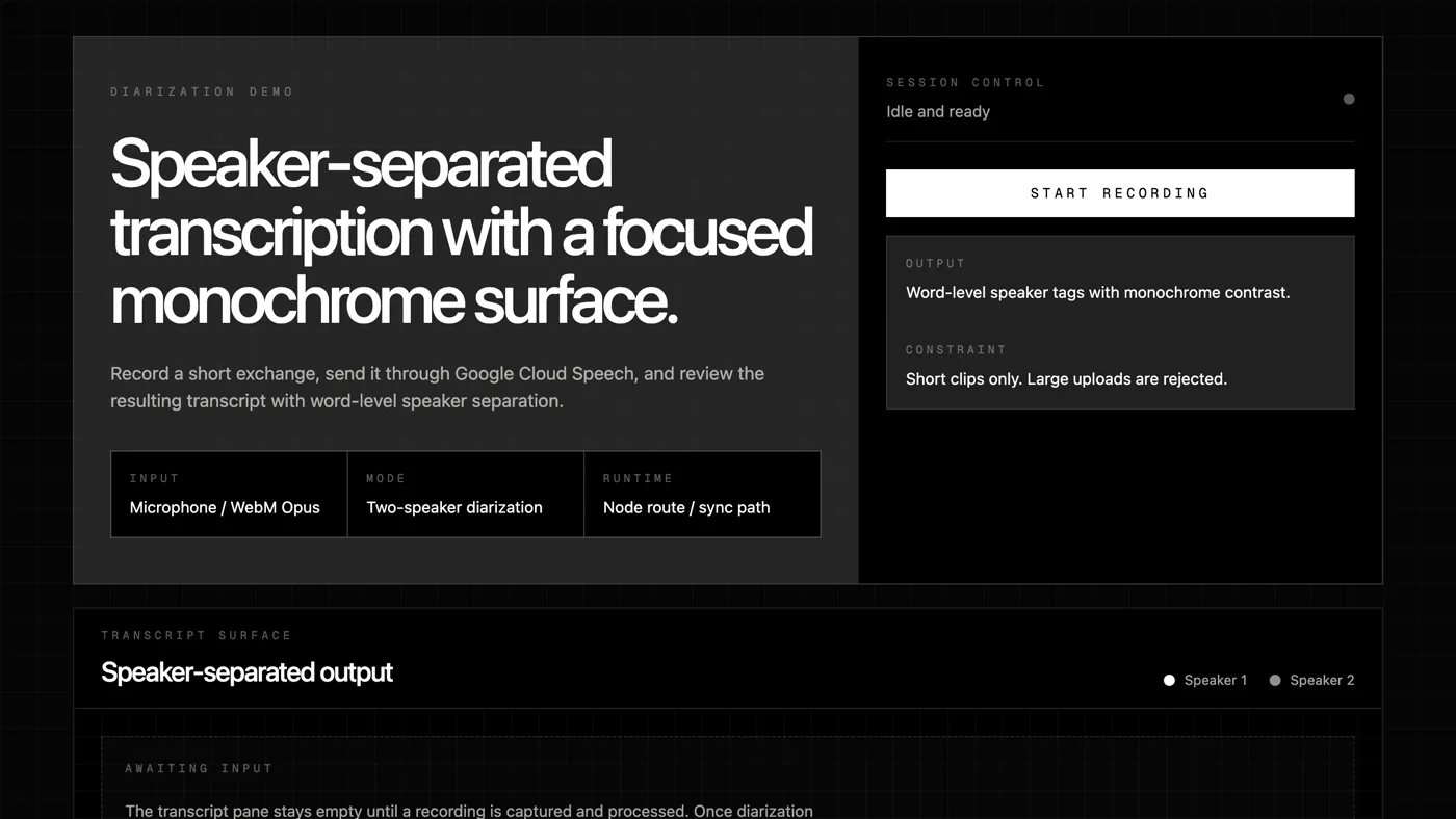 Diarization Demo monochrome interface with session controls and speaker-separated transcript surface